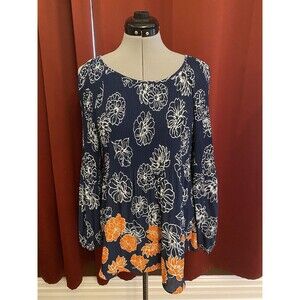 Zac & Rachel Top Sz-L Blue Ivory Flowers Orange Flower Border